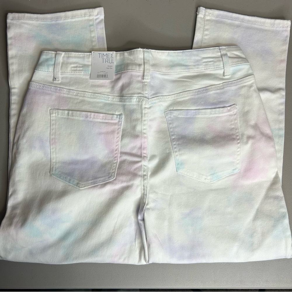 Time & Tru Straight High Rise White Denim Jeans Pant Crop Tie Dye 25" Inseam NWT - Picture 4 of 5